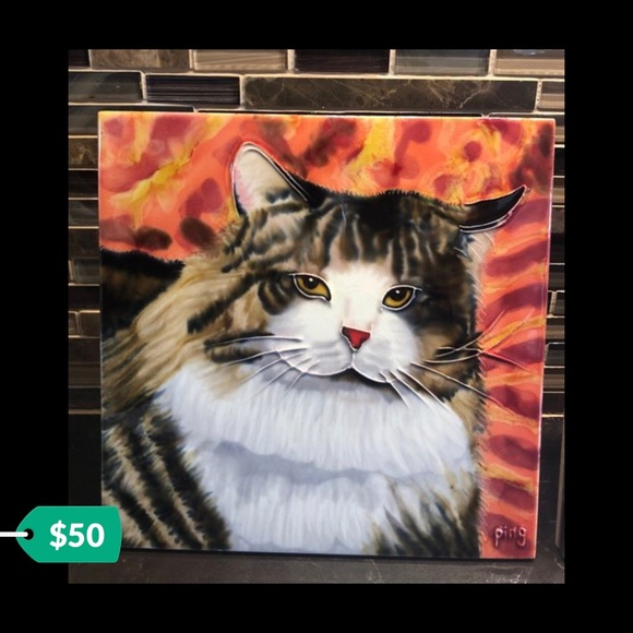 Pair of cat fine art tiles by artist Ping - Picture 2 of 3
